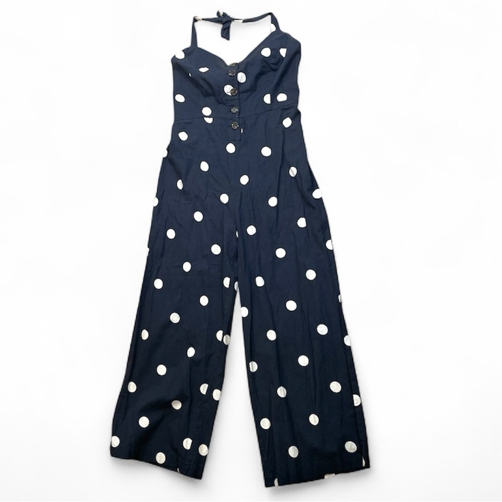 NWT Japna Jumpsuit LG Navy Polka Dot Retro Pin-Up Wide Leg Halter Boho Summer